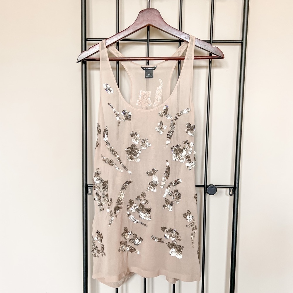 Club Monaco 100% Silk Sheer Sequin Top Sz L